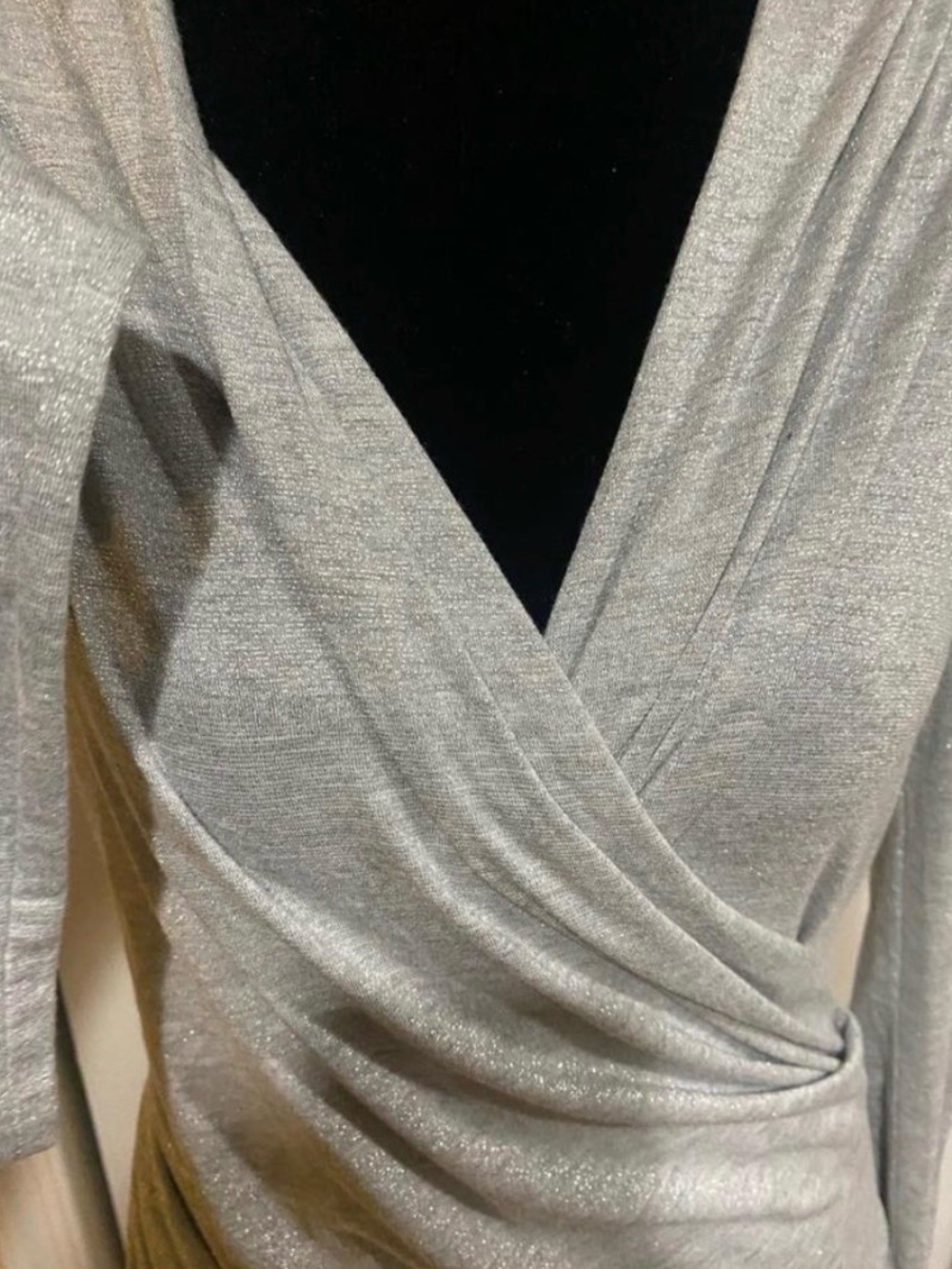 Ann Taylor Shimmery Silver Long-Sleeve Faux-Wrap Blouse - Picture 4 of 6